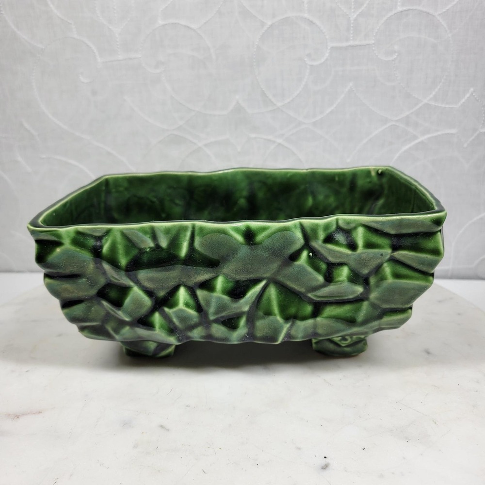 VTG McCoy Ceramic Planter Green Geometric Block Footed Dish Garden USA MCM